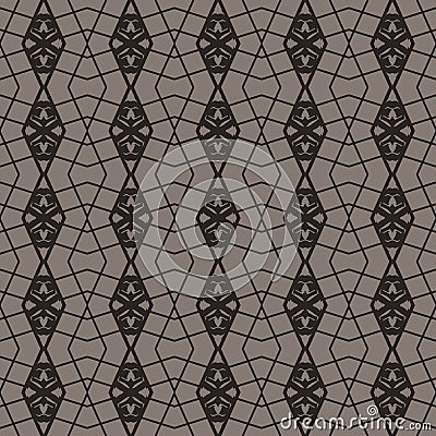 Hand drawn diamond lace grid seamless pattern. Modern japanese medallion motif on moody dark brown. Ecru elegant neutral tones. Stock Photo