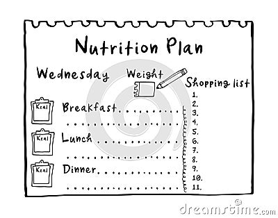Hand drawn diet plan for breakfast, lunch, dinner. Healthy meal concept for weight loss, calories count in kcal. Cartoon Vector Illustration