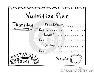 Hand drawn diet plan in doodle style for breakfast, lunch and dinner. Healthy meal concept for weight loss, calories count in kcal Vector Illustration