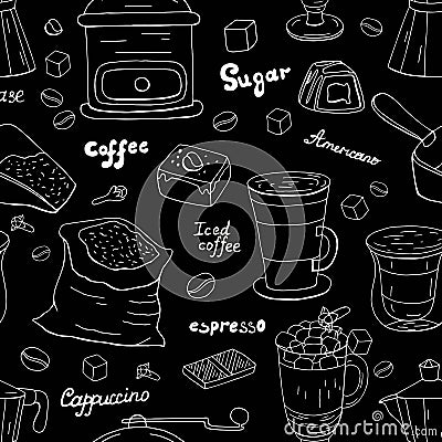 Hand drawn different coffee pattern, white line on the black background. Cafe menu Stock Photo