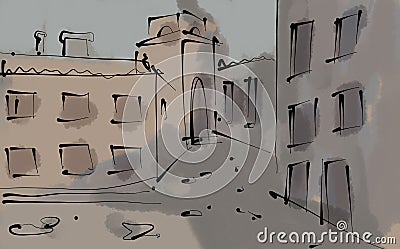 Hand drawn digital illustration of old European street with low architecture and narrow pavement. Cartoon Illustration