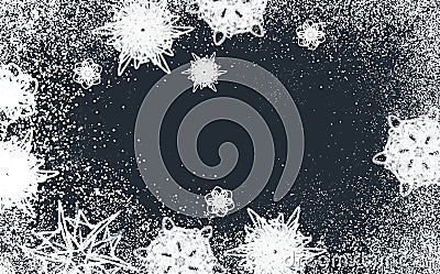 Hand drawn digital illustration of white ornamental snowflakes on dark blue background. Cartoon Illustration