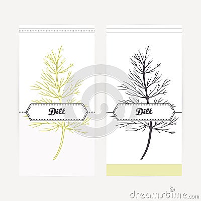 Hand drawn dill in outline and silhouette style. Spicy herbs Vector Illustration