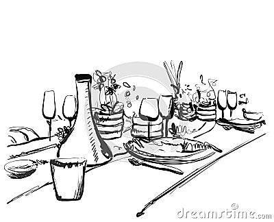 Hand Drawn dinner dishware. Romantic. Food and drink sketch Vector Illustration
