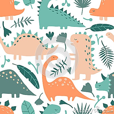 Hand drawn dinosaur animals and tropical leaves Vector Illustration