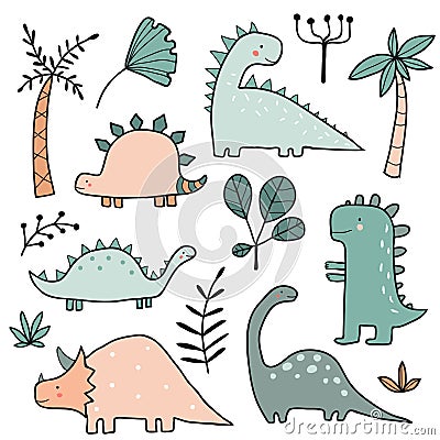 Hand drawn dinosaurs and tropical plants, palm tree, leaves Vector Illustration