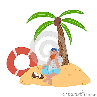 Pirate sitting on sand under palm tree and looking at broken coconut Vector Illustration