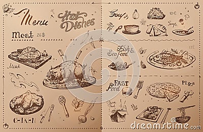 Hand drawn meat dishes for menu design. Vector Vector Illustration