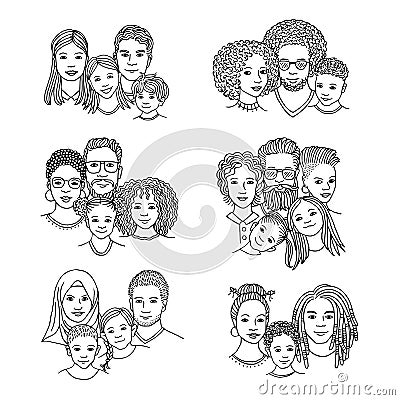 Hand drawn diverse family portraits Vector Illustration