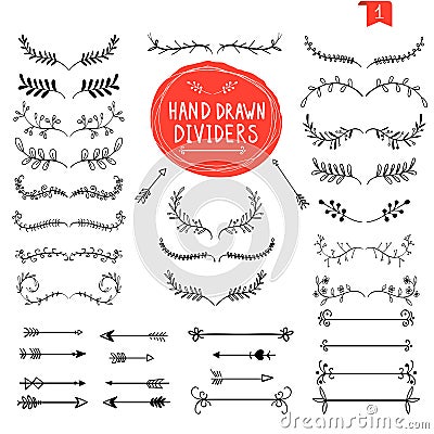 Hand drawn dividers. Line design elements vintage borders. Retro divider, separator vector set Doodle design elements Stock Photo