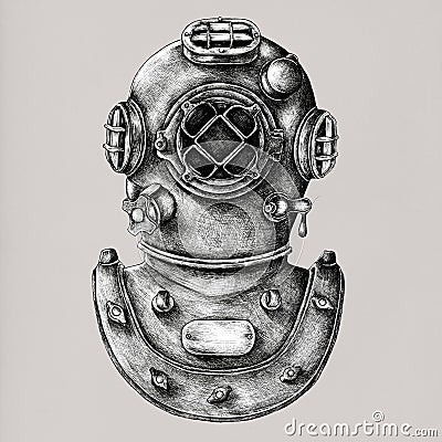 Hand drawn diving helmet isolated on background Stock Photo