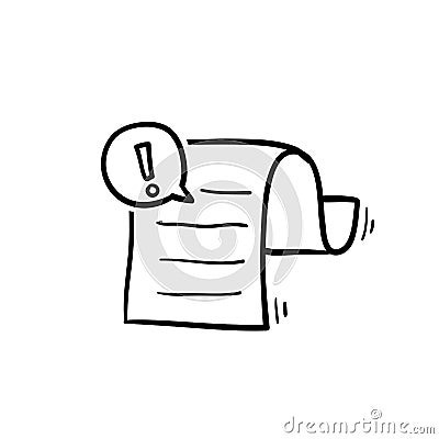 Hand drawn Document with alert or error notification bubble vector icon, doodle cartoon paper text file content with exclamation Vector Illustration