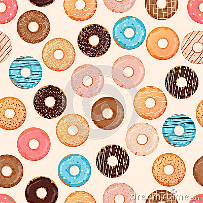 Hand drawn donut seamless pattern. Pastry illustration. Vector bakery background design. Sweets theme Vector Illustration