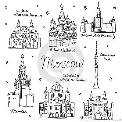 Hand drawn doodel sketch of Moscow landmarks. Univercity, Cathedral, Kremlin, Basil s temple, Historical museum. lack line on Vector Illustration