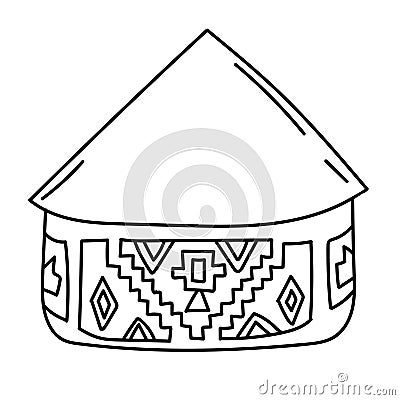 Hand drawn doodle african national hut. Ndebele tribal dwelling. Simple thatched roof and walls with ethnic patterns Vector Illustration