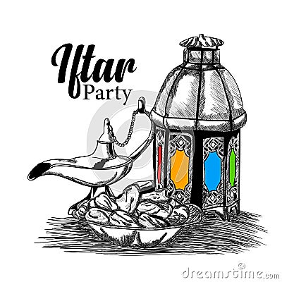 Hand drawn Doodle art , sketch illustration of Fanous Lantern and Sweet Dates for Islamic Holy Month, Ramadan Kareem, Iftar Party Cartoon Illustration