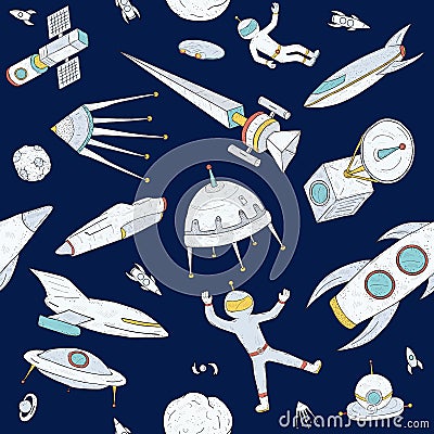 Hand drawn doodle astronomy seamless pattern. Dark background with space objects, planets, shuttles, rockets, satellites Vector Illustration