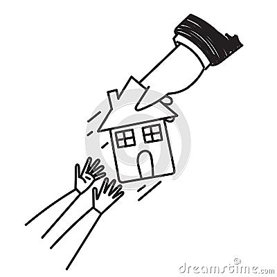 hand drawn doodle bankruptcy person fighting to hold back their house illustration Vector Illustration