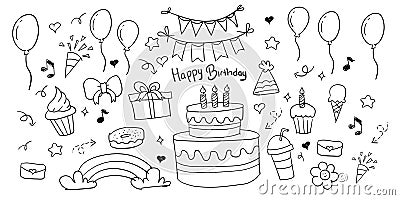 Hand drawn doodle black outline birthday element card clipart gift present for cute kid cartoon Vector Illustration