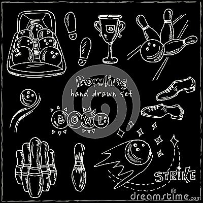 Hand drawn doodle bowling set. Vector Illustration