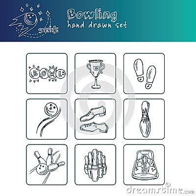 Hand drawn doodle bowling set. Vector Illustration