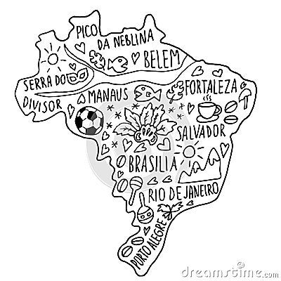 Hand drawn doodle Brazil, Brasilia map. brazilian city names lettering and cartoon landmarks, tourist attractions cliparts Stock Photo