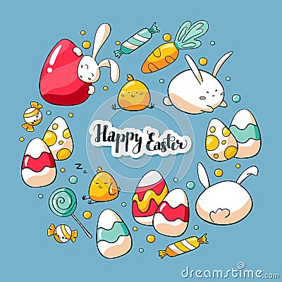 Hand drawn doodle card template with cute Easter elements. Vector illustration. Happy Easter lettering. Doodle elements Vector Illustration