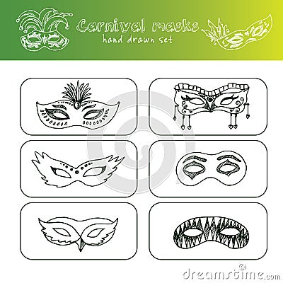 Hand drawn doodle carnival masks set. Vector Illustration