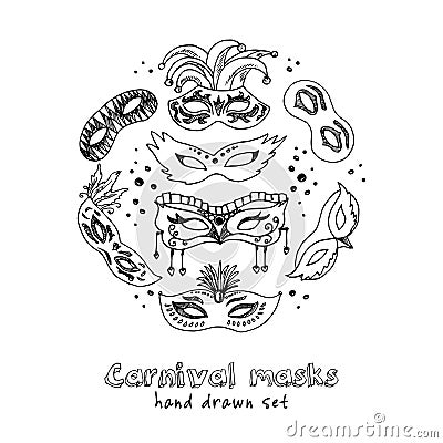 Hand drawn doodle carnival masks set. Vector Illustration