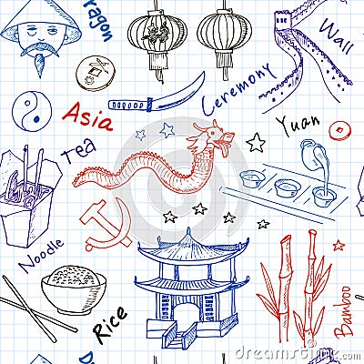 Hand drawn doodle China symbols seamless pattern Vector Illustration