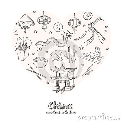 Hand drawn doodle China symbols set. Vector Illustration