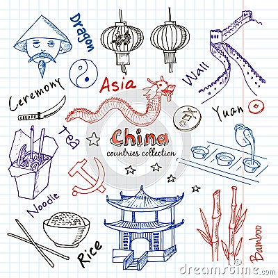 Hand drawn doodle China symbols set. Vector Illustration