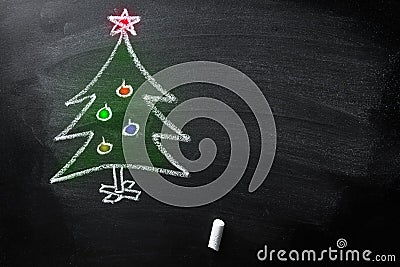 Hand Drawn Doodle Christmas Tree Chalk Blackboard Kids Style Colored New Year Greeting Card Poster Banner Template Stock Photo