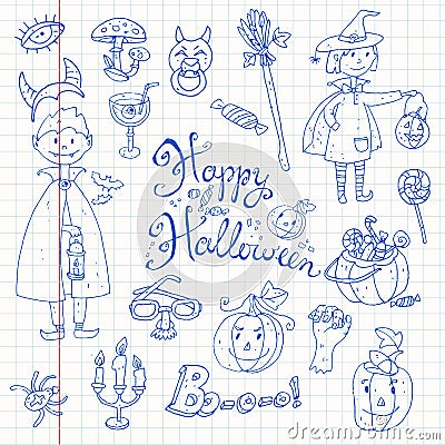 Hand drawn doodle collection of halloween elements: suits, char Vector Illustration