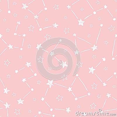 Hand drawn doodle constellations on pink background vector seamless pattern. Cute stars baby print Vector Illustration