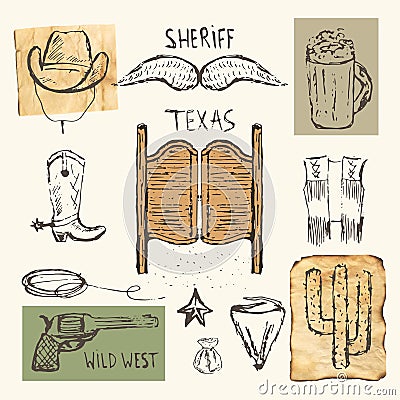 Hand drawn doodle cowboy objects collection Vector Illustration