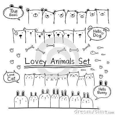 Hand Drawn Doodle Cute Animal Set. Include Bear, Cat, Bunny And Dogs. Vector Illustration