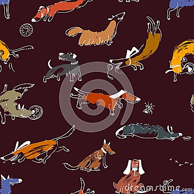 Hand drawn doodle cute dogs. Seamless pattern with plaing pets Vector Illustration