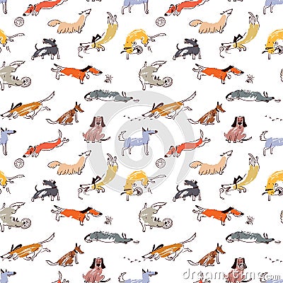 Hand drawn doodle cute dogs. Seamless pattern with plaing pets Vector Illustration