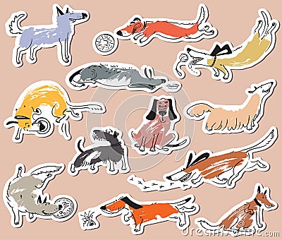 Hand drawn doodle cute dogs. Stickers set with plaing pets with Vector Illustration