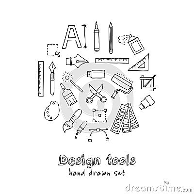 Hand drawn doodle design tools set. Vector Illustration