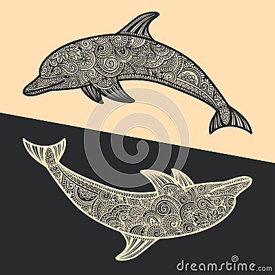 Hand drawn doodle dolphin zen tangle style beautiful doodles. illustration of sea animals Vector Illustration