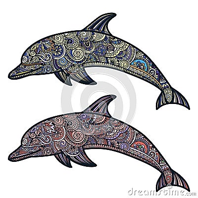 Hand drawn doodle dolphin zen tangle style beautiful doodles. illustration of sea animals Vector Illustration