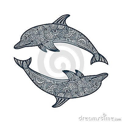 Hand drawn doodle dolphin zen tangle style beautiful doodles. illustration of sea animals Vector Illustration