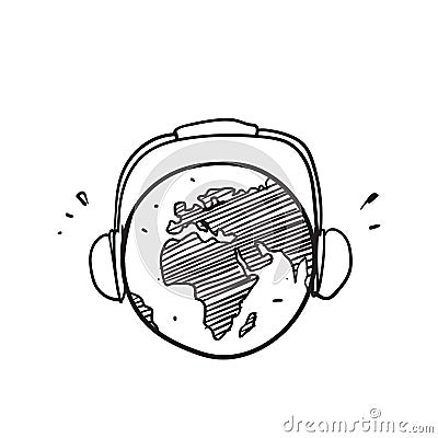 Hand drawn doodle earth globe planet with headset illustration vector isolated Vector Illustration