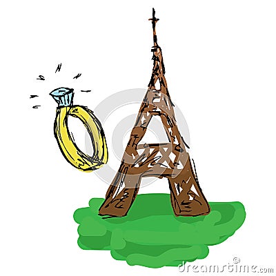 Hand drawn doodle eiffel tower. Symbol of travel in Paris eiffel tower. Concept of romantic travel eiffel tower and wedding ring Vector Illustration