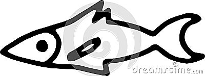 Hand drawn doodle fish. tuna, cod, Dorado. Simple black stroke fin, tail, head, eyes. Vector Illustration