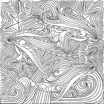 Hand drawn doodle fishes on waves, anti stress coloring page Vector Illustration