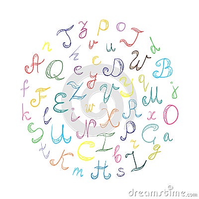 Hand Drawn Doodle Font. Children Drawings of Colorful Scribble Alphabet Arranged in a Circle. Vector Illustration