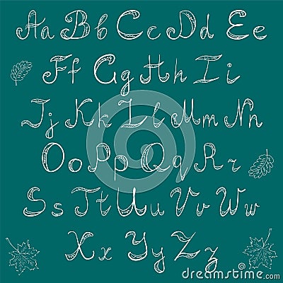 Hand Drawn Doodle Font and Leaves.Chalk Scribble Alphabet on Green Background. Vector Illustration